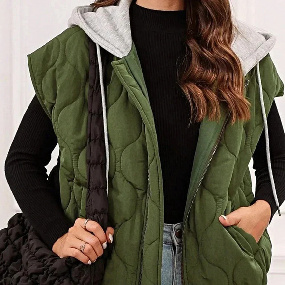 Olive Green Boho Women's Quilted Cozy Free Style Drawstring Hooded Puffer Vest - Picture 2 of 4
